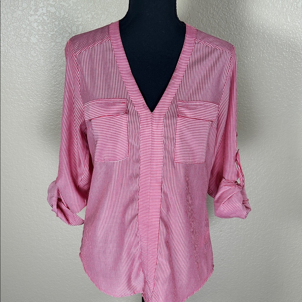 Express Pink Striped V-Neck Button-Down Blouse